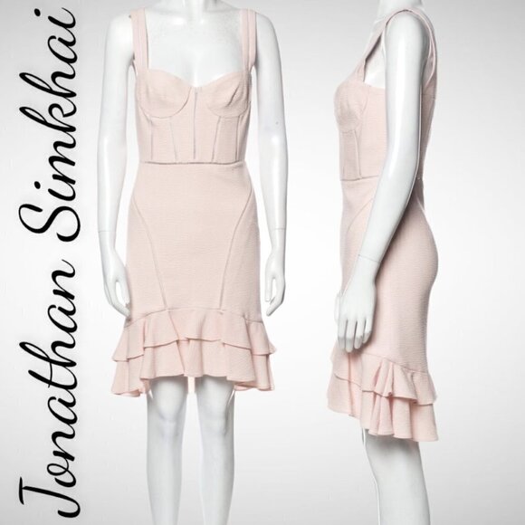 JONATHAN SIMKHAI Powder Pink Bustier Ruffle Wool Blend Mini Dress, Size 4 - Picture 8 of 10